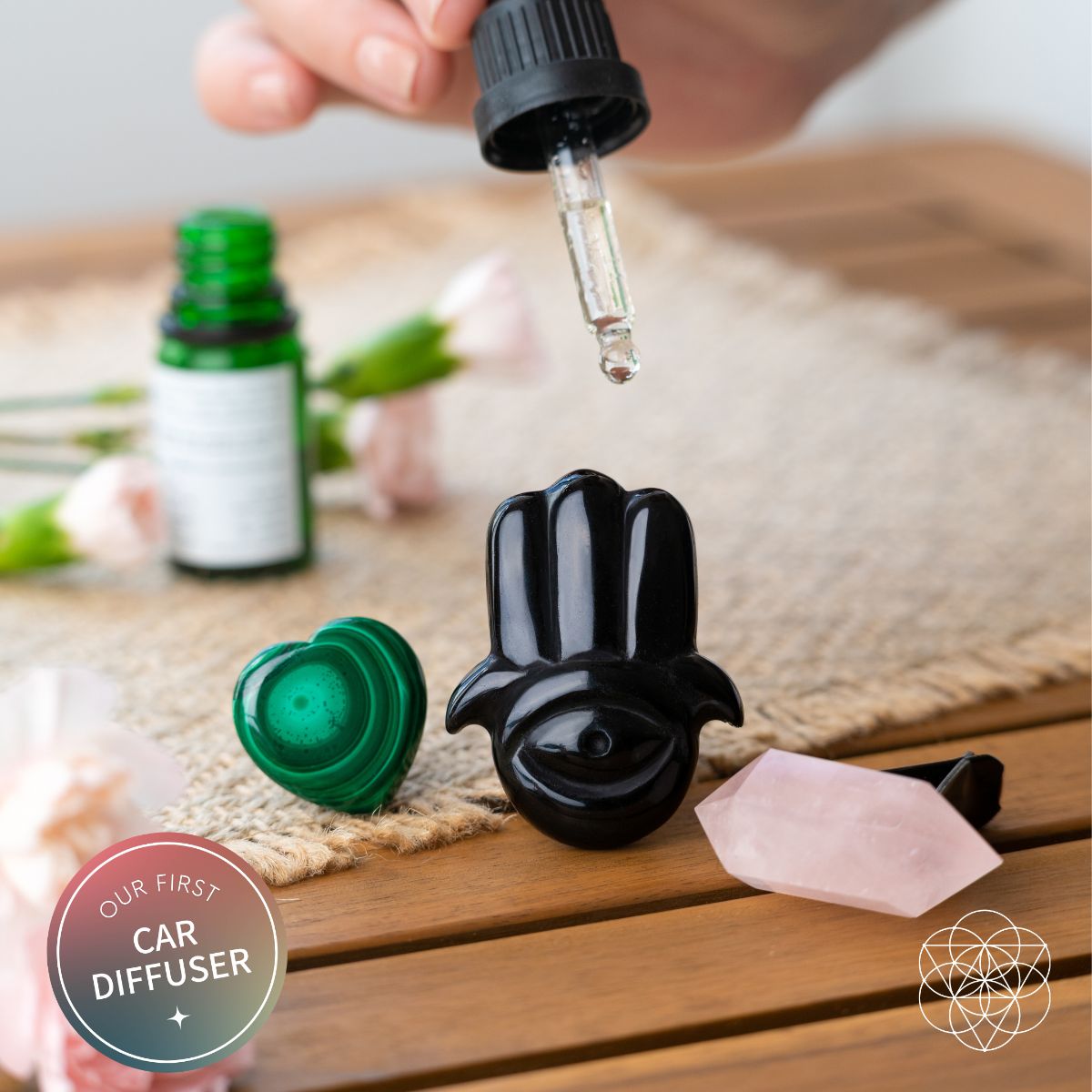 Hamsa Hand of Safe Travels | Aromatherapy Crystal Car Kit
