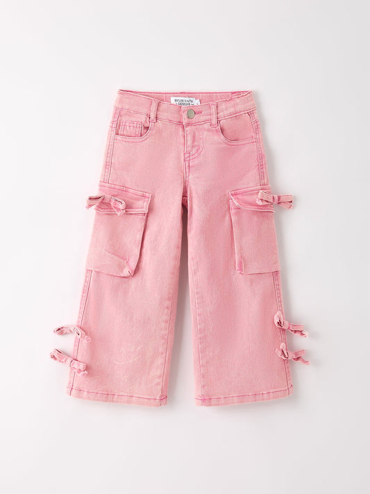 Pink Wide Leg Denim Pants With Pockets