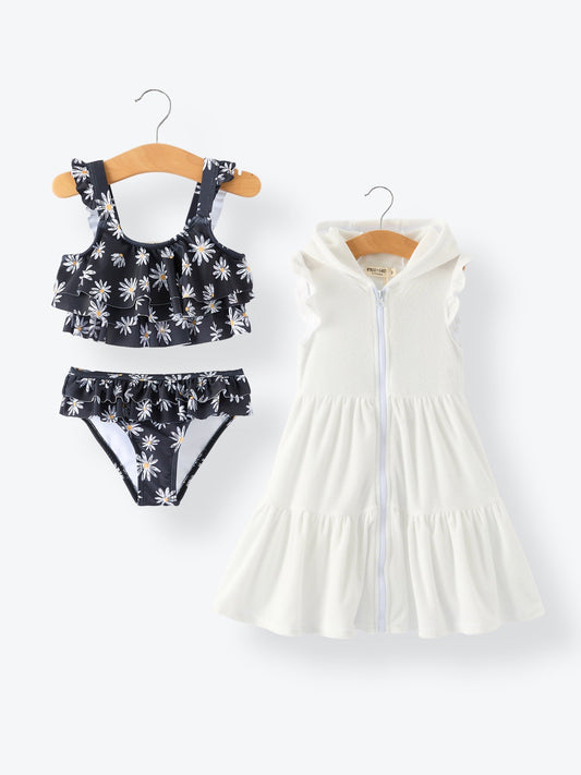Black Floral Two Piece Swimsuit and Cover up Set